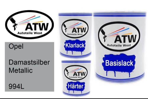 Opel, Damastsilber Metallic, 994L: 1L Lackdose + 1L Klarlack + 500ml Härter - Set, von ATW Autoteile West.